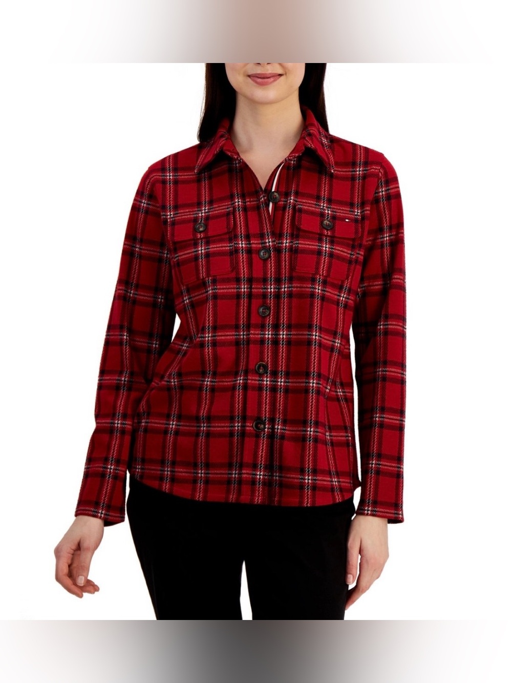 Tommy Hilfiger Women's Collared Plaid Shirt Jacket Plaid Chili Pepper Multi